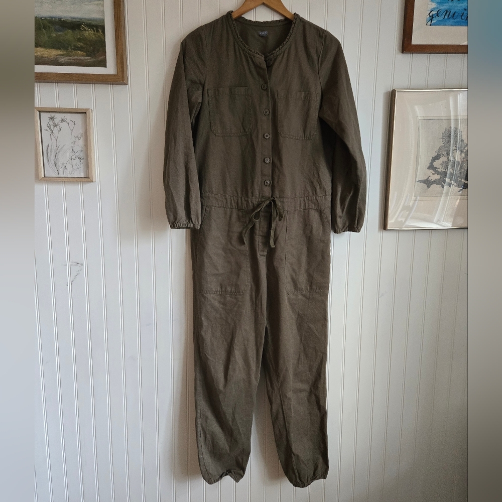 Aerie Olive Green Button-Up Long Sleeve Jumpsuit